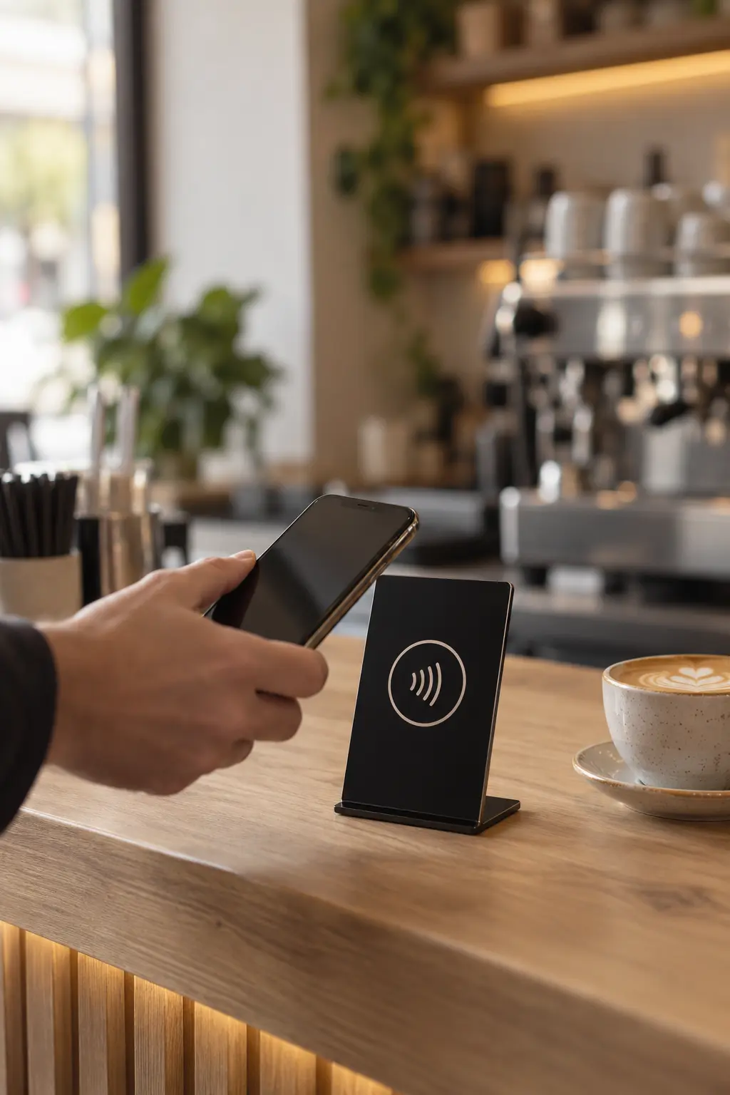Kahve dükkânı tezgâhında duran NFC standına telefon yaklaştıran müşteri