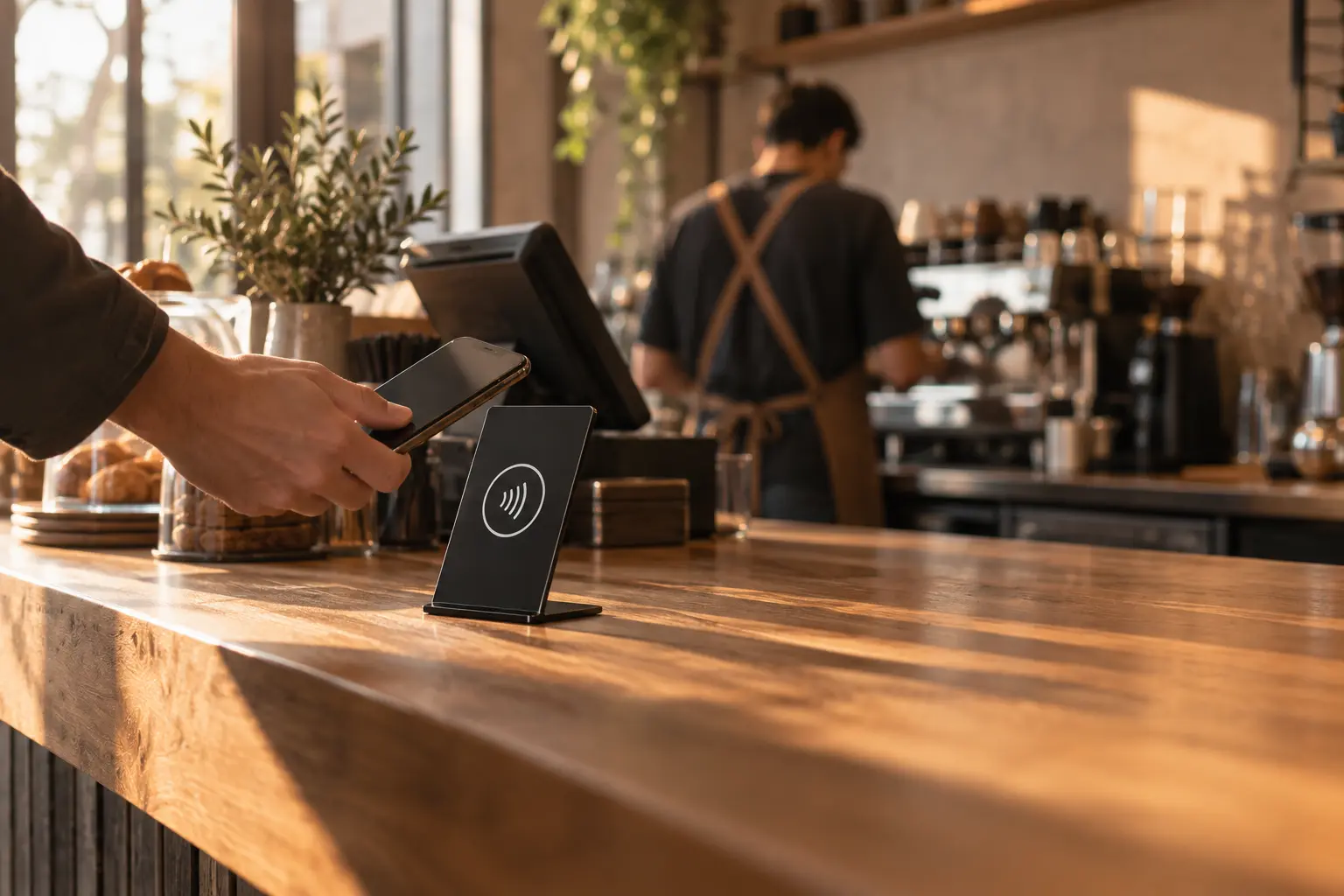 Kafe kasasında NFC standına telefonunu yaklaştıran müşteri, arkada barista