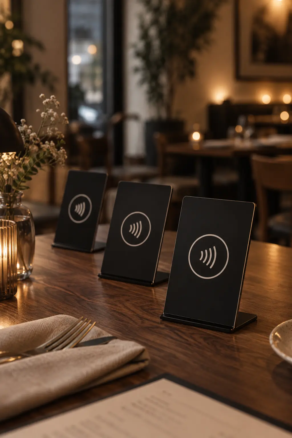 Restoran masasında NFC standı ve telefon