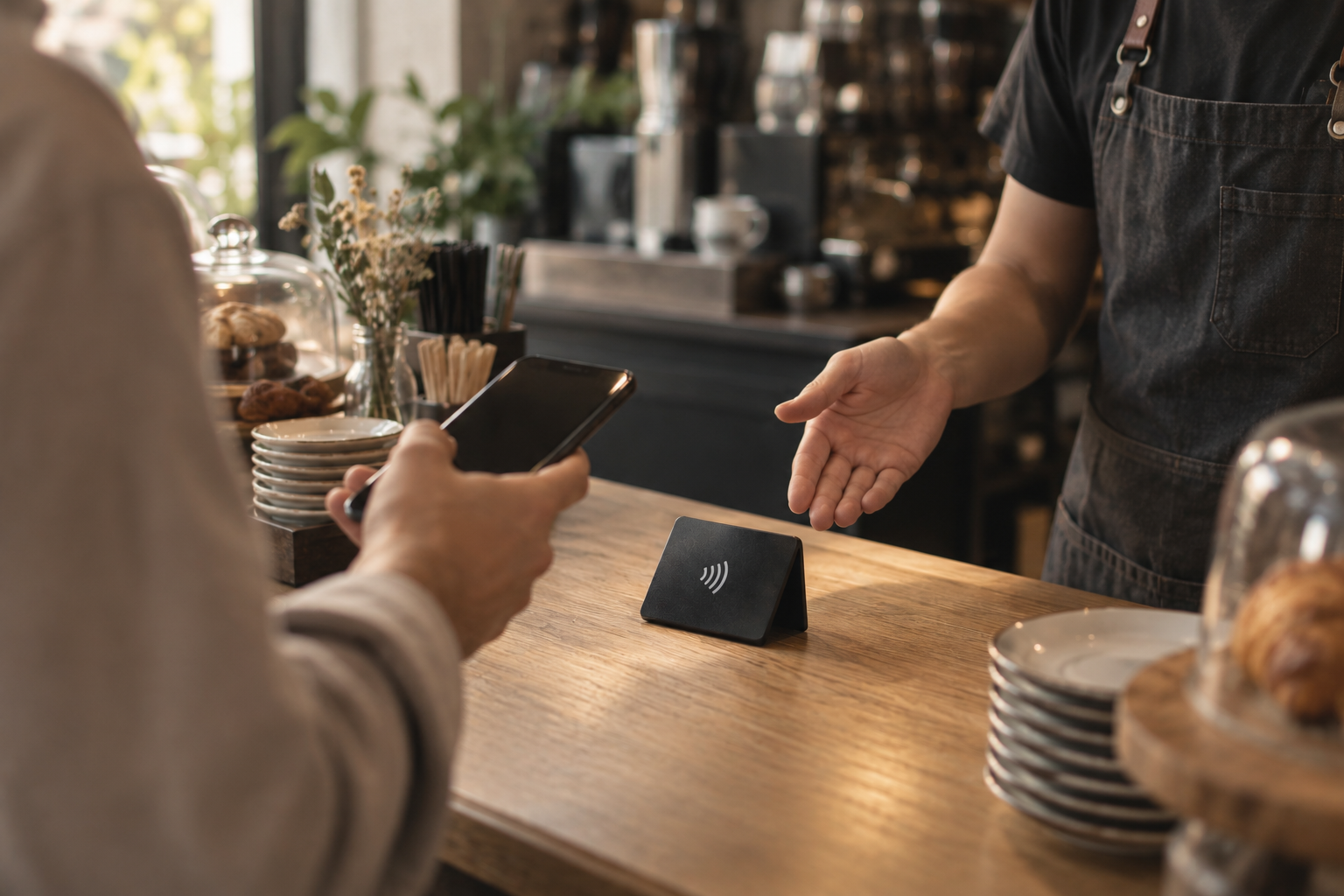 Kafe kasasında müşteriye yorum bırakması için NFC standını gösteren barista