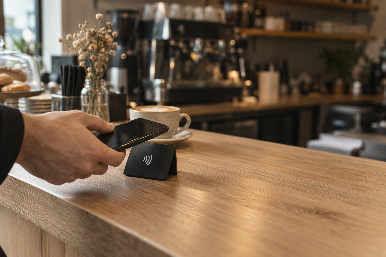 Kafe tezgâhında duran siyah Google yorum kartına telefonunu yaklaştıran müşteri